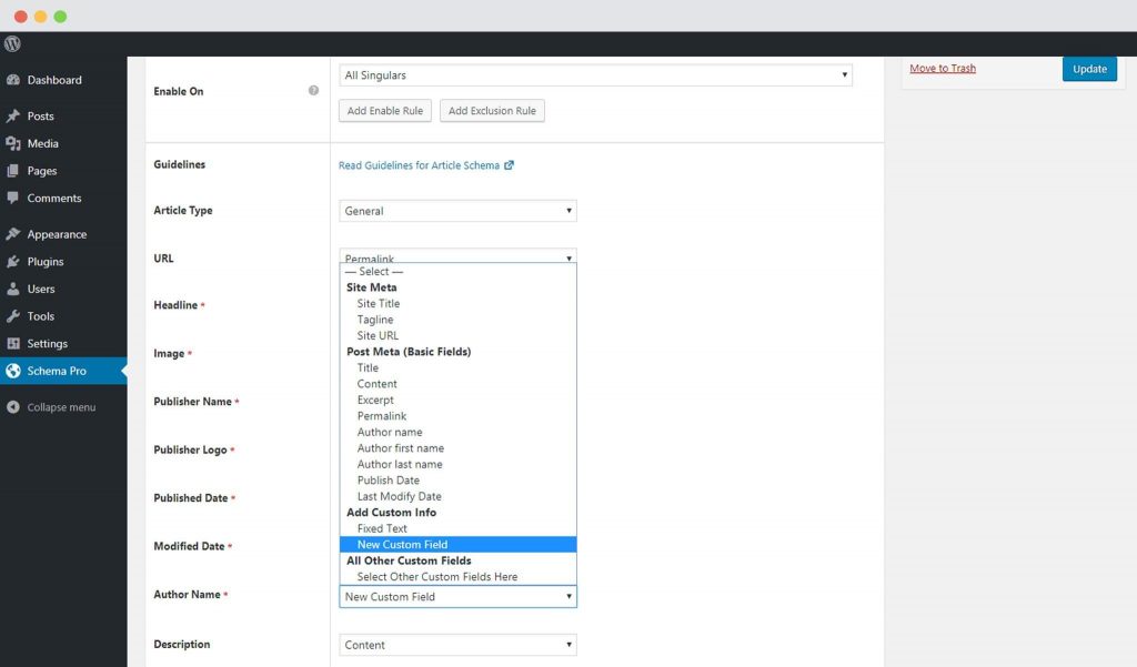 Map schema custom fields